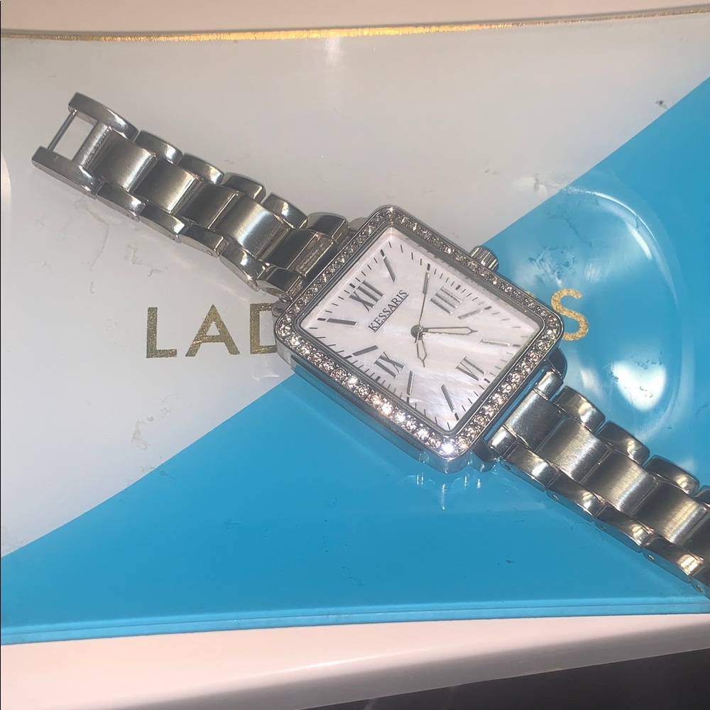 Kessaris Women's Silver Square Crystal-Trim Watch